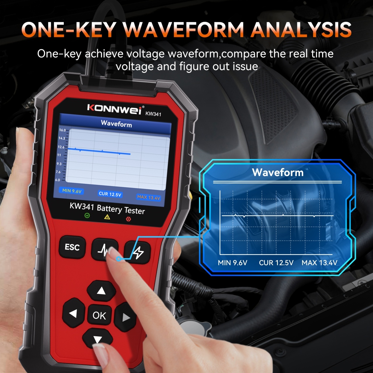 Tester baterie auto KONNWEI KW341 6V 12V 24V, CCA 10–2000, SOH SOC, test alternator si pornire, AGM EFB GEL Litiu, waveform, raport QR - imagine 14