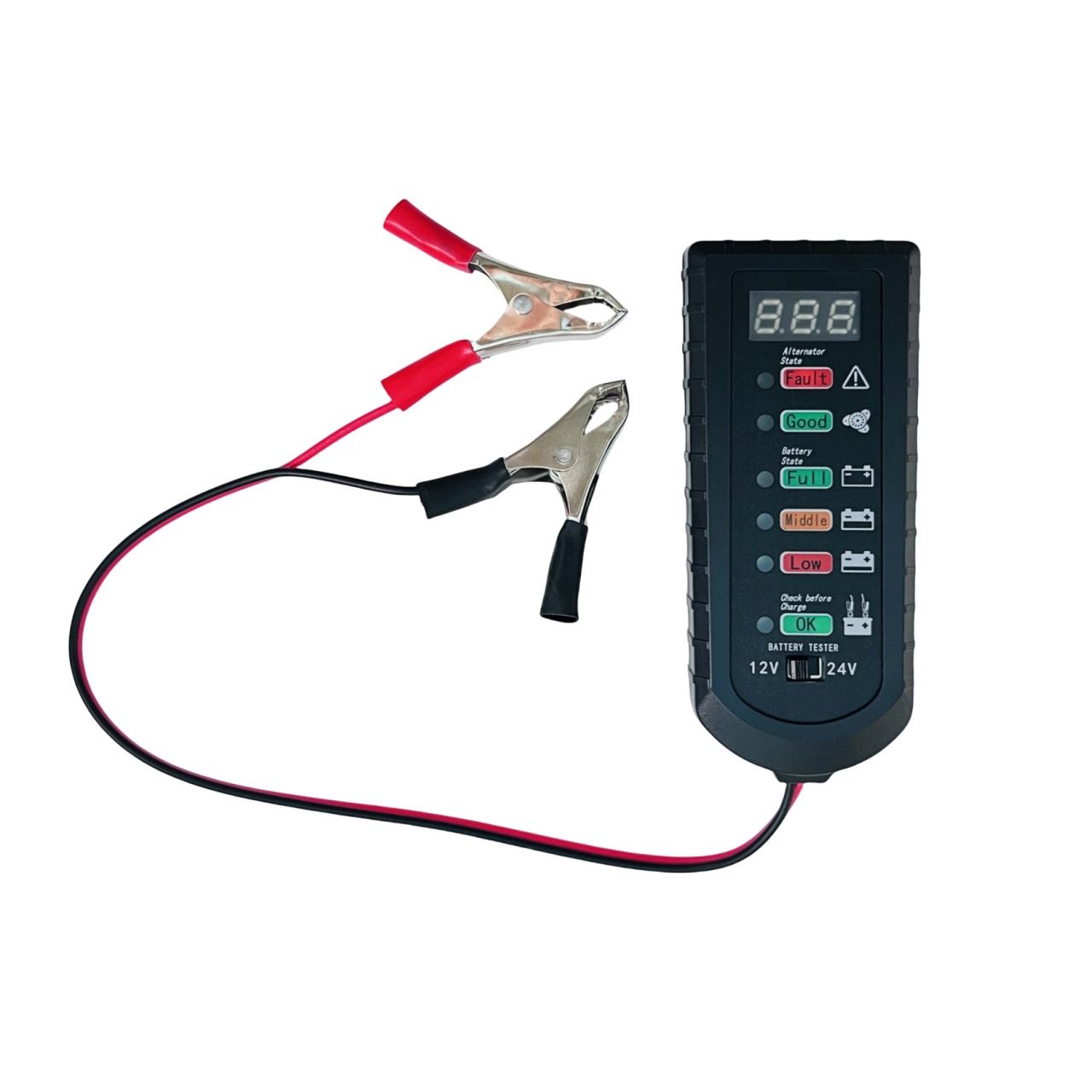 Tester Digital de Baterie Auto Techstar 12V/24V cu Afisaj LED, Diagnostic Alternator si Indicator Stare Acumulator – Compatibil Autoturisme, Camioane, SUV