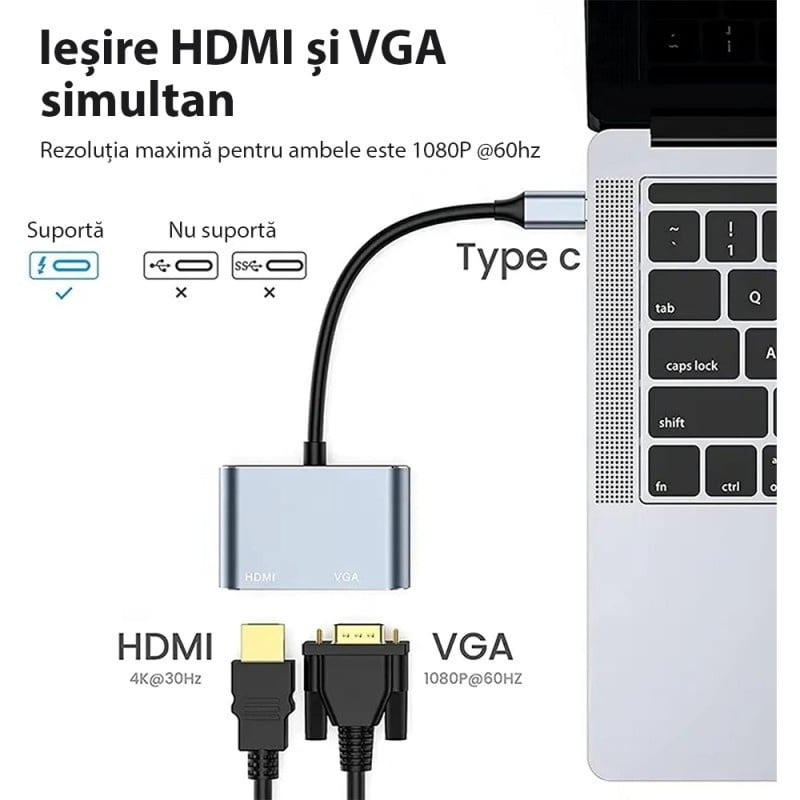 Adaptor multifunctional 2 in 1 USB-C la HDMI Techstar® DJ2IN1, HDMI 4K, VGA 1080P, 1 x USB 3.0, PD Port, Argintiu - 1 | YEO