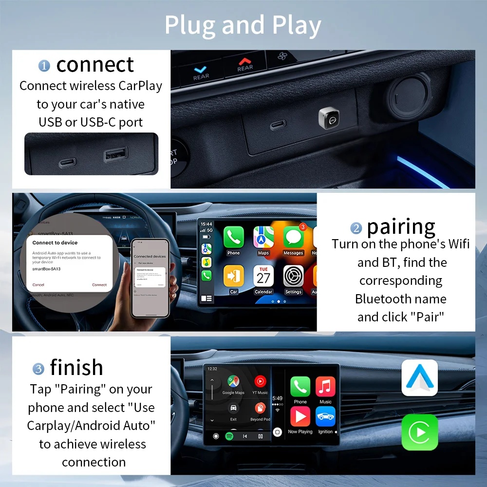 Adaptor Wireless CarPlay & Android Auto Techstar M5 2 in 1, USB Mini, BT + Wi-Fi 5GHz, Buton Comutare/Reset, Reconectare Automata, Plug & Play - imagine 8
