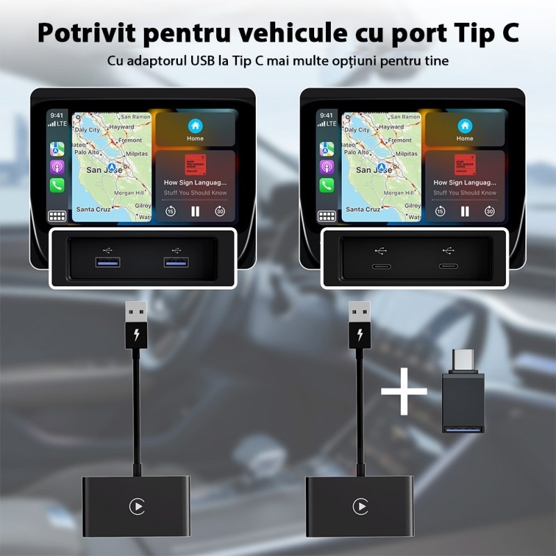 Poze Adaptor Wireless Techstar® CTHT-020-2 Pentru Apple CarPlay Si IPhone IOS 10+, Dongle USB-Type C , WiFi 5G, Bluetooth, Conectare Automata, Alb