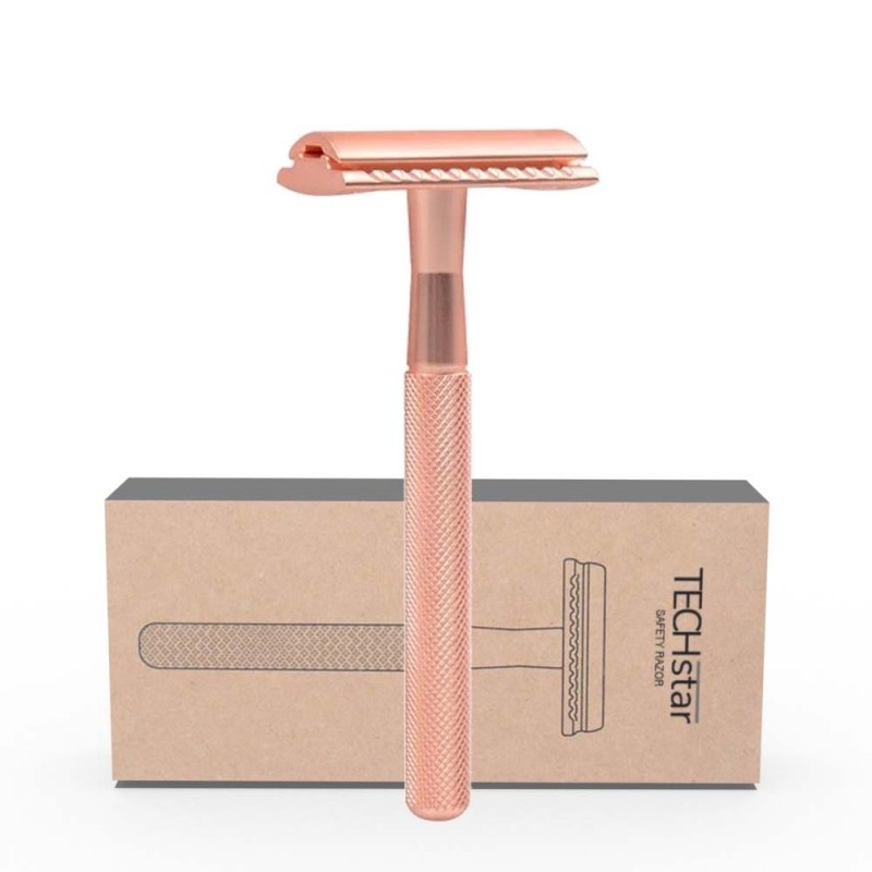 Aparat de ras Classic Safety Razor Techstar® SR1, Aliaj de Zinc, Cu Lame De Rezerva, Reutilizabil, Ecologic, Rose Gold - 1 | YEO