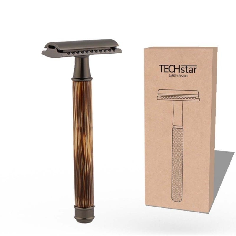 Aparat de ras Classic Safety Razor Techstar® SR11, Aliaj de Zinc, Cu Lame De Rezerva, Reutilizabil, Ecologic, Maner Bambus, Negru - 2 | YEO