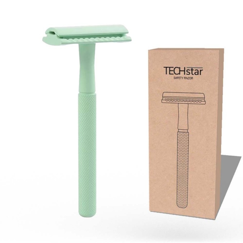 Aparat de ras Classic Safety Razor Techstar® SR3, Aliaj de Zinc, Cu Lame De Rezerva, Reutilizabil, Ecologic, Verde - 2 | YEO