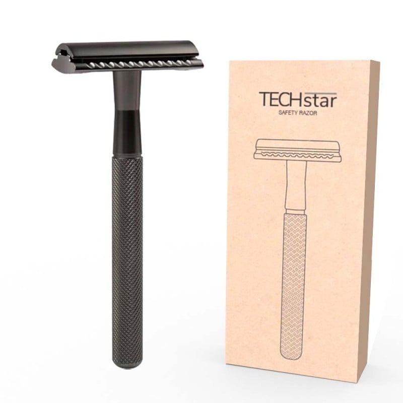 Aparat de ras Classic Safety Razor Techstar® SR3, Aliaj de Zinc, Cu Lame De Rezerva, Reutilizabil, Ecologic, Negru - 3 | YEO