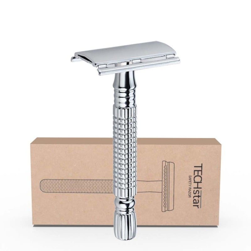 Aparat de ras Classic Safety Razor Techstar® SR4, Aliaj de Zinc, Cu Lame De Rezerva, Reutilizabil, Ecologic, Argintiu - 1 | YEO