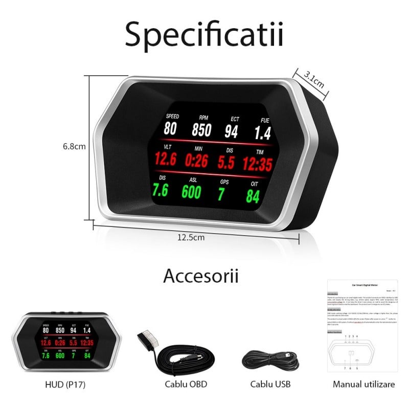 Aparat diagnosticare si afisaj informatii bord, Head Up Display Techstar® OBD II, GPS Dual System, P 17, 9 tipuri de afisaj, Viteză, RPM, Alarmă de supraviteză, Temperatura apei - 3 | YEO