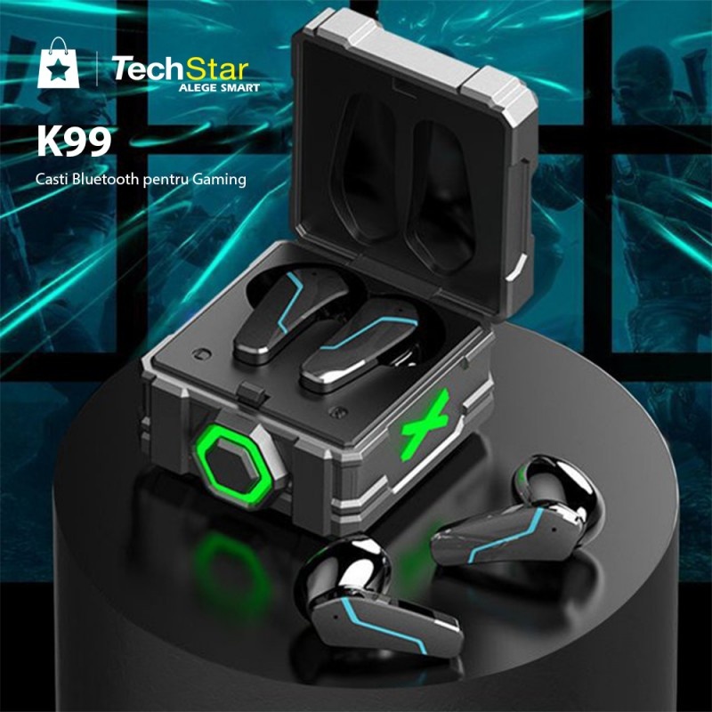 Casti Bluetooth pentru Gaming Techstar® K99, Bluetooth 5.0, Microfon, Control prin atingere, Indicator LED, Rezistente la apa, potrivite pentru jocuri video/fitness/birou, dock pentru incarcare, Gri - 3 | YEO