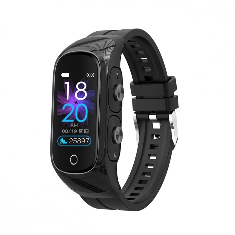 Ceas Smartwatch 2 in1 Techstar® N8 cu Casti Wireless, Ecran tactil de 0,96 inch, Bluetooth, MP3, Waterproof, Apelare, Oxigen din sange, Calori, Ritm cardiac, Monitorizare somn, compatibil cu iPhone si Android, Negru - 1 | YEO