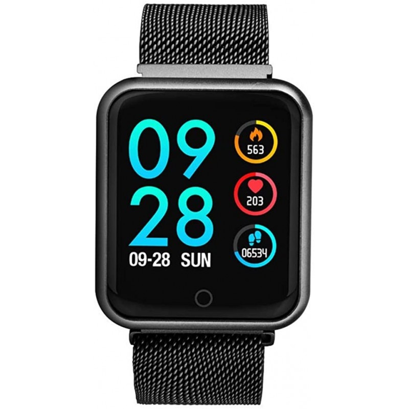 Ceas Smartwatch Techstar® P68, 1.3 inch IPS, Monitorizare Puls, Tensiune, Sedentarism, Bluetooth 4.0, IP65, Curea Otel Inoxidabil, Negru