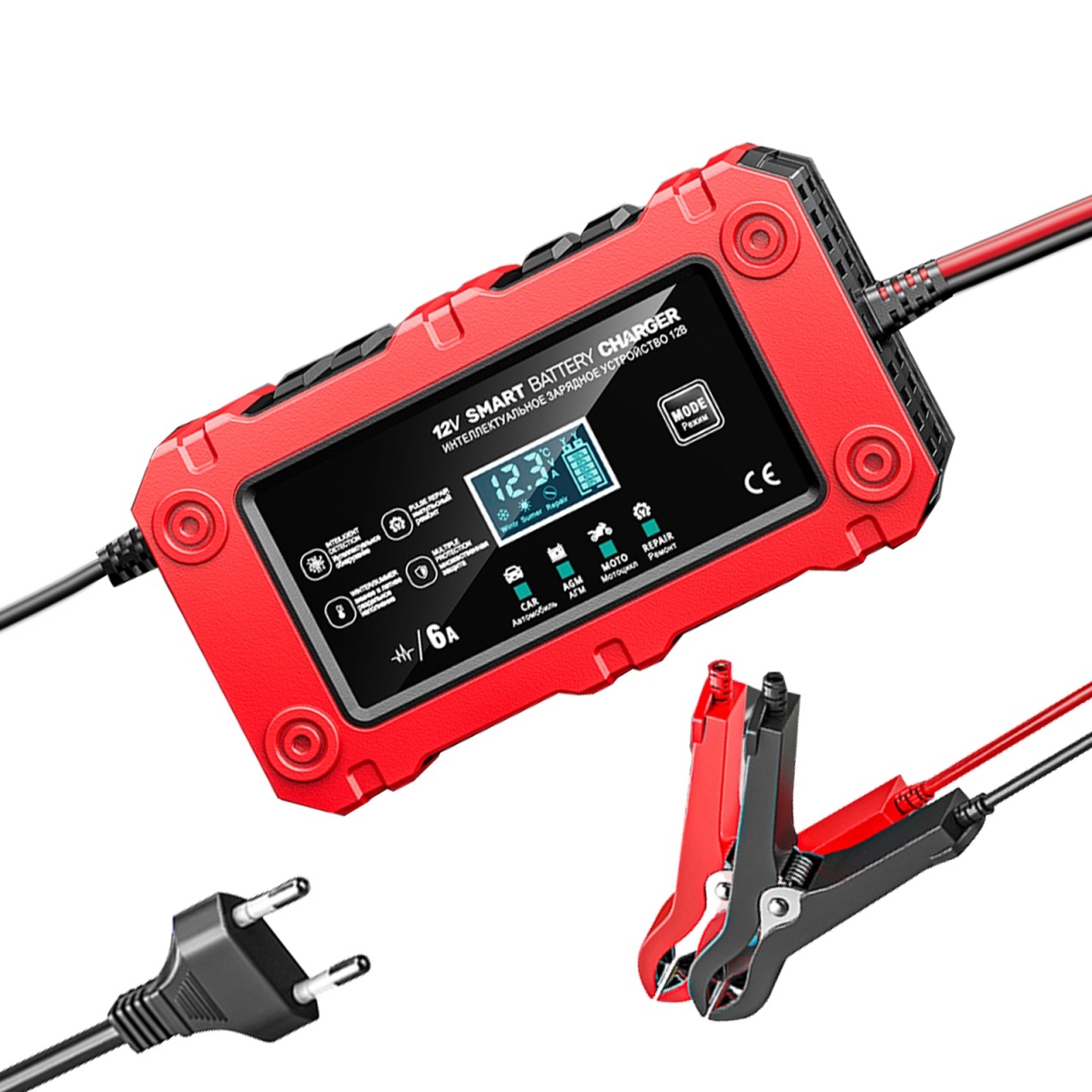 Incarcator Inteligent Baterie Auto/Moto Techstar 12V 6A BC-1206, LCD, Repair, AGM/GEL/WET/EFB/LiFePO4 Rosu - imagine 11