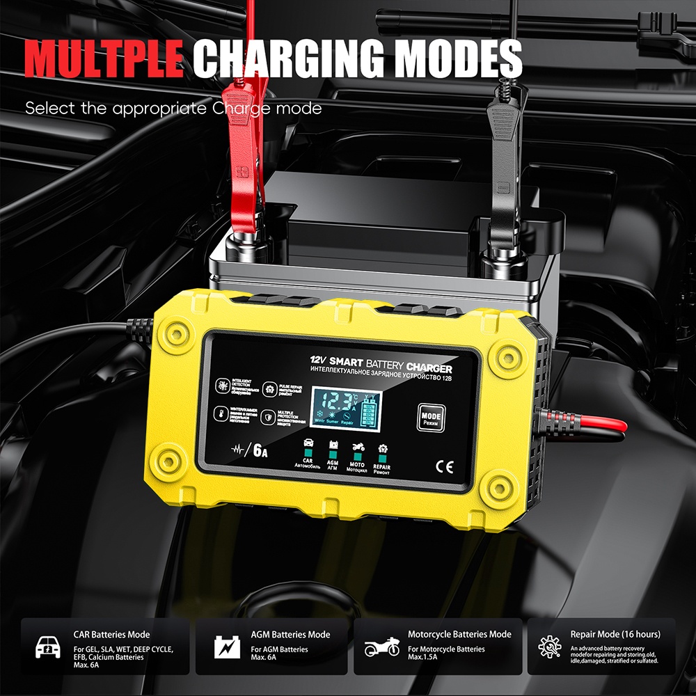 Incarcator Inteligent Baterie Auto/Moto Techstar 12V 6A BC-1206, LCD, Repair, AGM/GEL/WET/EFB/LiFePO4 Galben - imagine 8