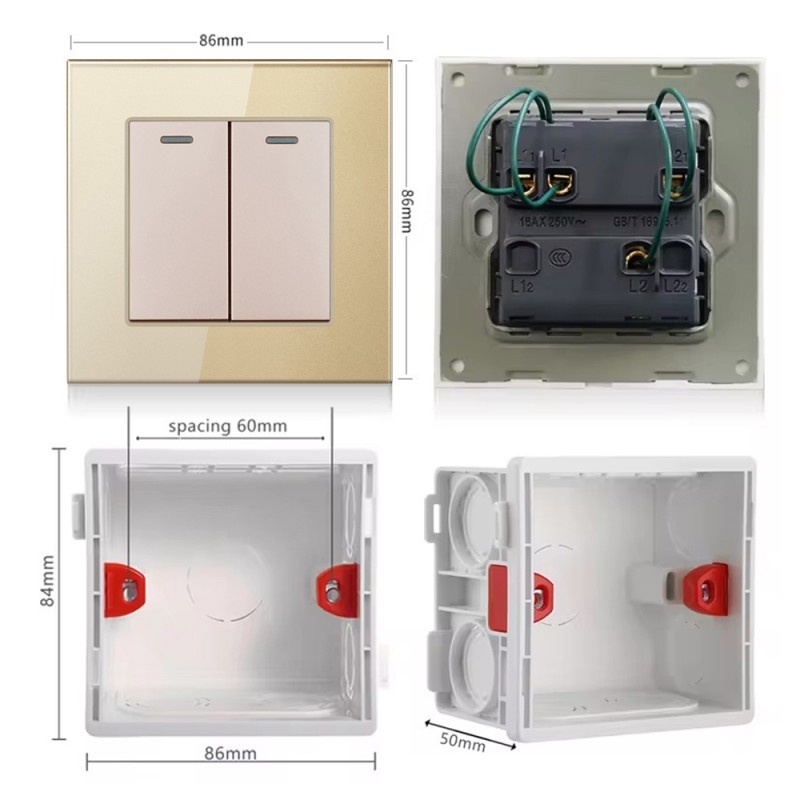 Intrerupator Dublu Cap Scara Cu Panou Din Sticla Securizata Techstar® TGS 01, 220V, 16A, 86 X 86 Mm, Auriu, cu 2 Module - 2 | YEO