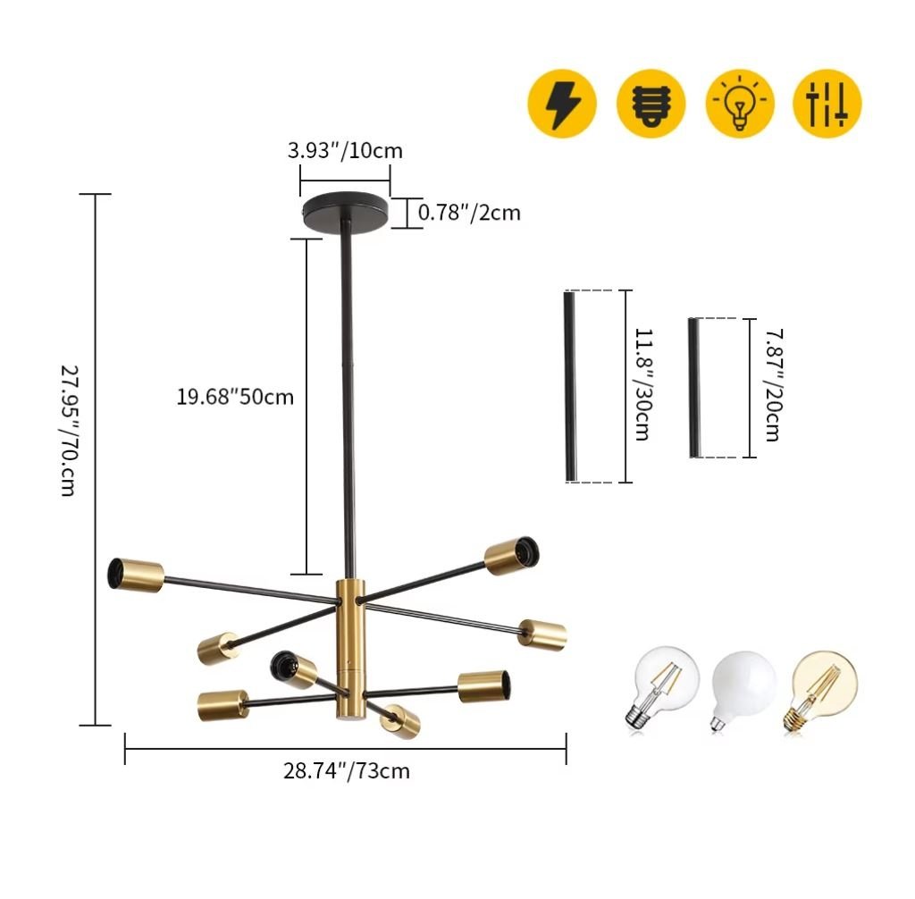 Lustra Industriala Techstar® cu 8 Lumini E27, Metal Negru si Auriu Satinat, Design Nordic Scandinav - 3 | YEO