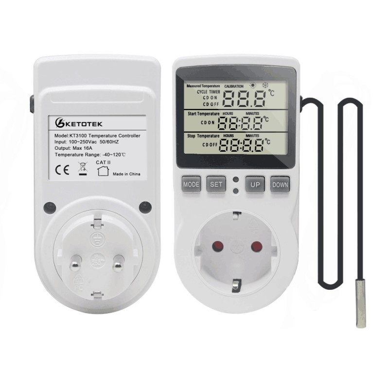 Priza Programabila Techstar® KT3100, Digital Timer, Priza Intrerupator, 230V, 16A, Programabila Timp/Temperatura, Termostat, Senzor Temperatura (3m) - 1 | YEO