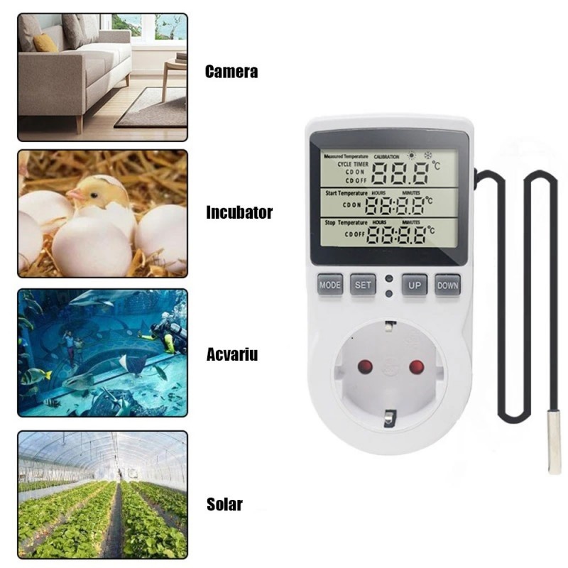 Poze Priza Programabila Techstar® KT3100, Digital Timer, Priza Intrerupator, 230V, 16A, Programabila Timp/Temperatura, Termostat, Senzor Temperatura (1.7m)