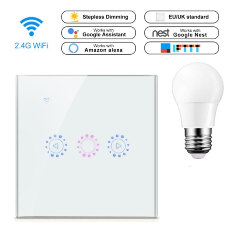 Resigilat Intrerupator Smart Touch Techstar®, Wireless 2.4GHz, Dimmer, Sticla Securizata, Design Modern, Iluminare LED, 1 Faza, cu NUL, Alb - 1 | YEO