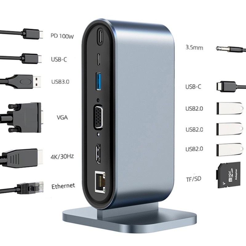 Resigilat Statie de andocare multifunctionala 12 in 1 Techstar® CYC12IN1B, HDMI 4K, 1 x USB 3.0, 3 X USB 2.0, LAN RJ45 Ethernet, SD/TF, VGA 1080P, AUX 3.5 mm, PD Port, Argintiu - 1 | YEO