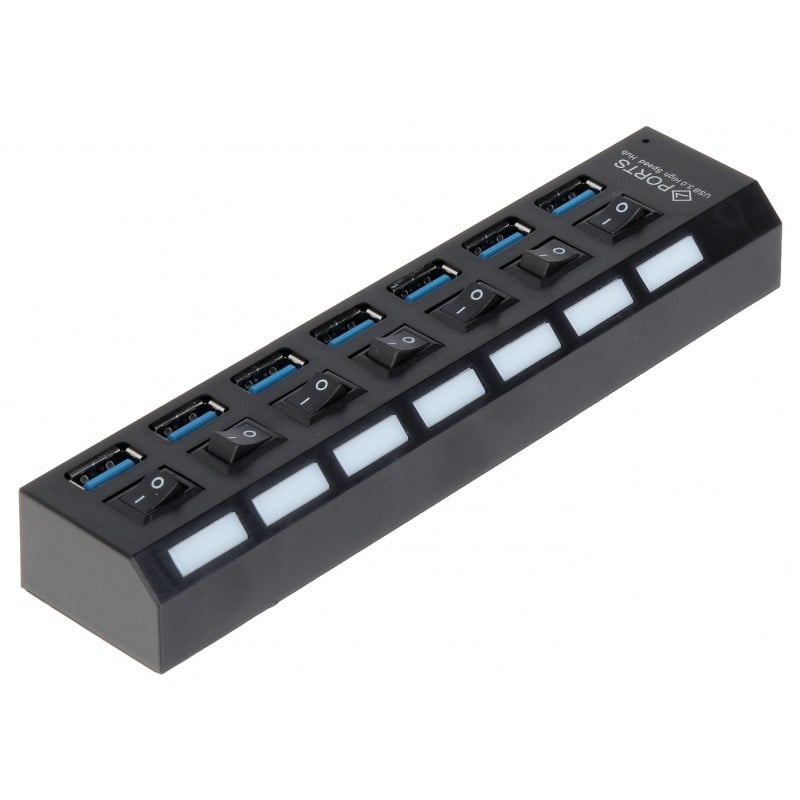 Resigilat USB Hub Techstar® HB6, 3.0 High Speed, 7 Port USB 3.0, Buton On/Off, Conexiune USB 3.0 de mare vitezam Alimentator Extern