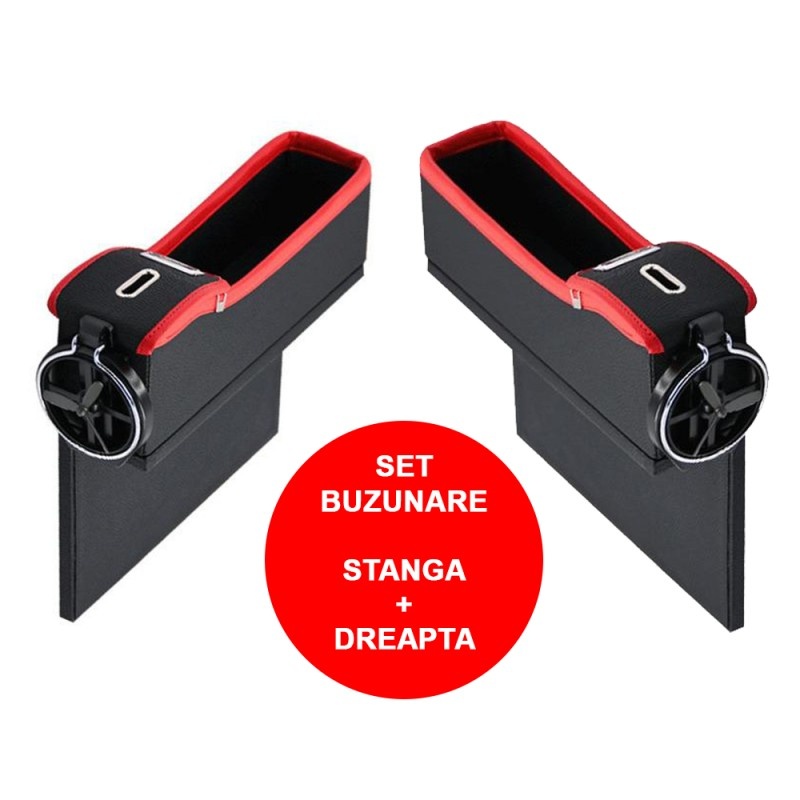 Set Cutie Organizatoare Scaun Auto din Piele, cusatura Rosie Depozitare Obiecte