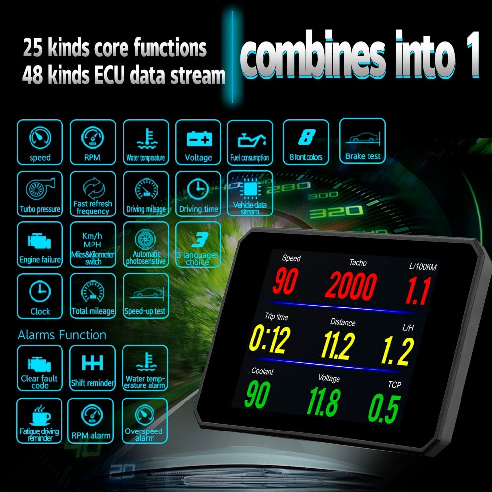 Sistem Monitor Auto Techstar P16 OBD2 HUD, Afisaj Head-Up Display pentru Monitorizare Viteza, RPM si Performanta Auto - 1 | YEO