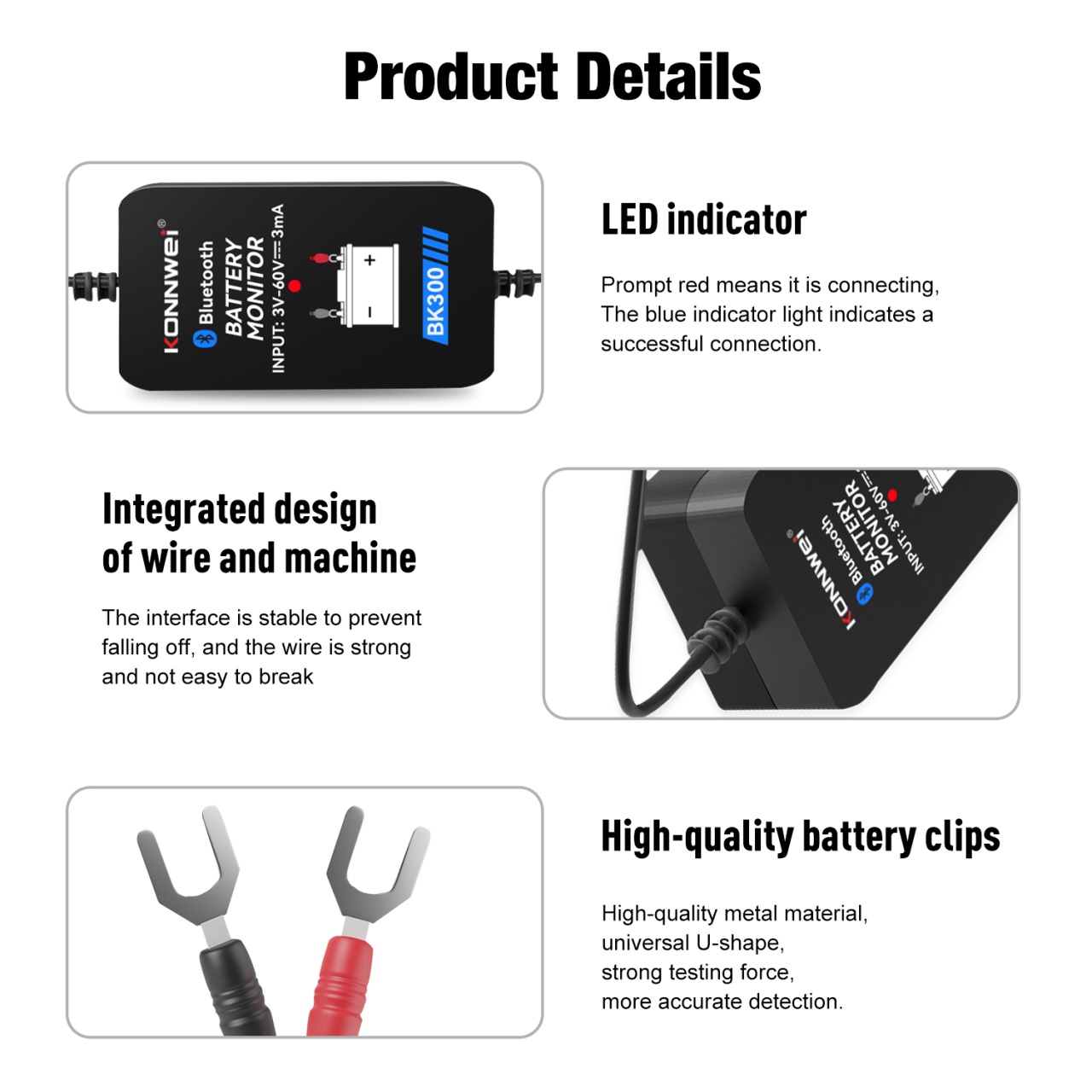 Tester Baterie Auto Inteligent cu Bluetooth 5.0 KONNWEI BK300, Aplicatie Telefon, Android si iOS, Monitor Baterie Wireless 12V 24V, Incarcare, Tensiune
