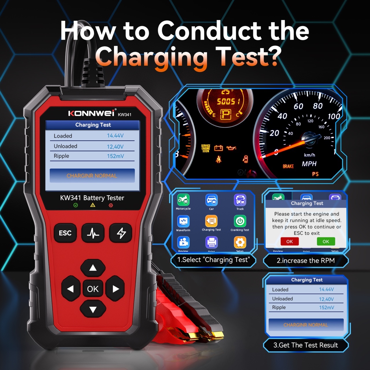 Tester baterie auto KONNWEI KW341 6V 12V 24V, CCA 10–2000, SOH SOC, test alternator si pornire, AGM EFB GEL Litiu, waveform, raport QR - imagine 11