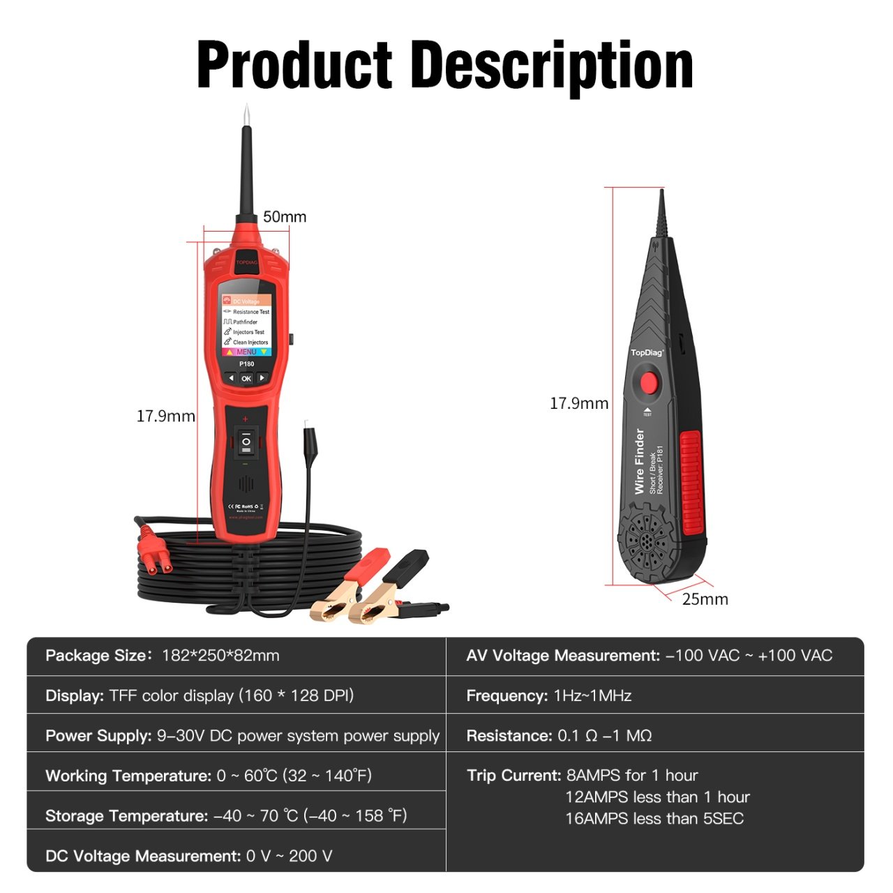 Tester Circuite Auto TopDiag P180 cu Detector Fire P181 – Tester Inteligent 6V-30V pentru Tensiune, Continuitate, Injectoare, Frecventa AC, Rezistenta si Detectare Intreruperi Circuit