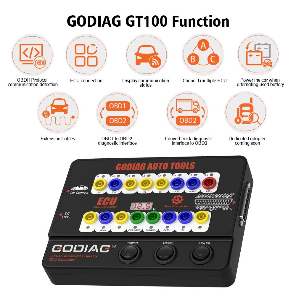 Tester Protocol GODIAG GT100 OBD II Break Out Box, interfata conexiune ECU, monitorizare tensiune, extensie diagnoza si alimentare la schimbarea bateriei - imagine 4