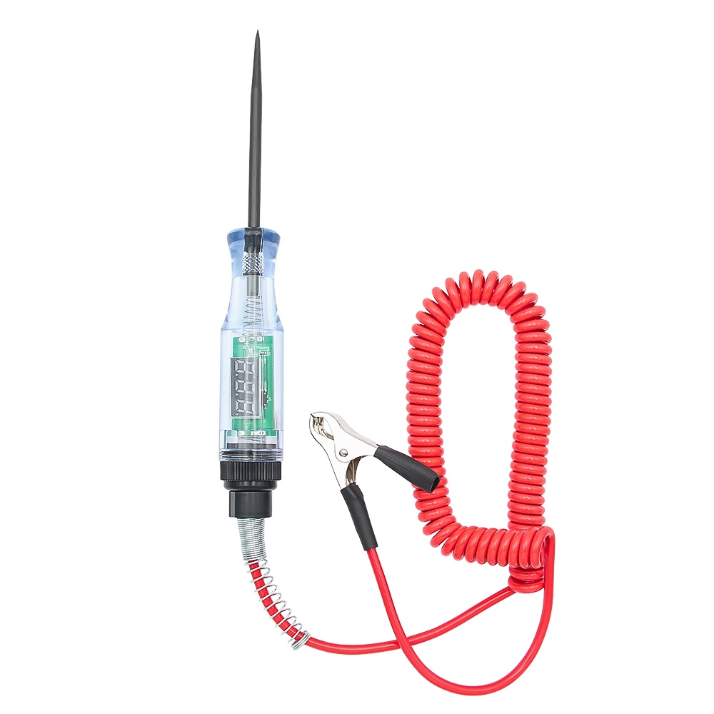 Tester tensiune auto 6–24V DC cu afisaj digital, cablu spiralat rosu, sonda metalica subtire, clema crocodil – verificare baterie, sigurante, conectori - 2 | YEO