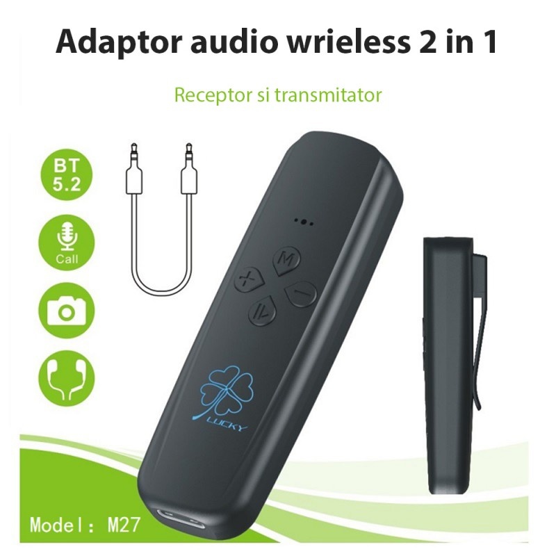 Transmitator receptor portabil 2 in 1 Techstar® M27, Compatibil Bluetooth 5.0, Reincarcabil, USB, AUX 3.5 mm, TV, PC, Auto, Negru - 1 | YEO