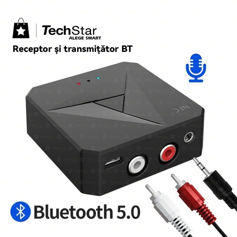 Adaptor Bluetooth Techstar® M21, transmitator si receptor pentru TV/PC/Sistem de sunet pentru casa, Jack 3.5mm, Microfon, AUX, NFC, RCA, Negru - 2 | YEO