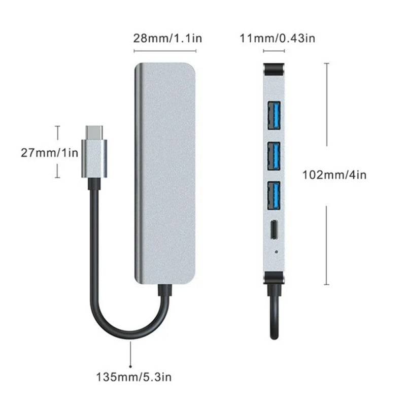 Adaptor Hub Multifunctional 5 In 1 Techstar® ZFZ5IN1C, USB-C, 4 X USB 3.0, PD Port, Compatibil PC, Memorie USB, HDD Extern, Argintiu - 2 | YEO