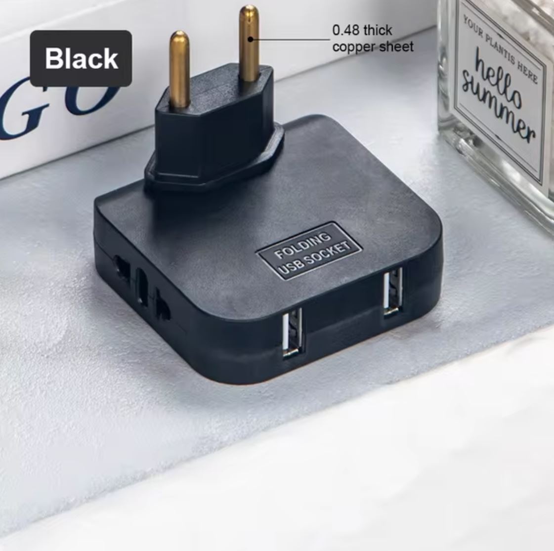 Adaptor Triplu Rotativ 180° cu 2 Prize și 2 Porturi USB Techstar®, 2500W, Negru - Ideal pentru Spatii Inguste