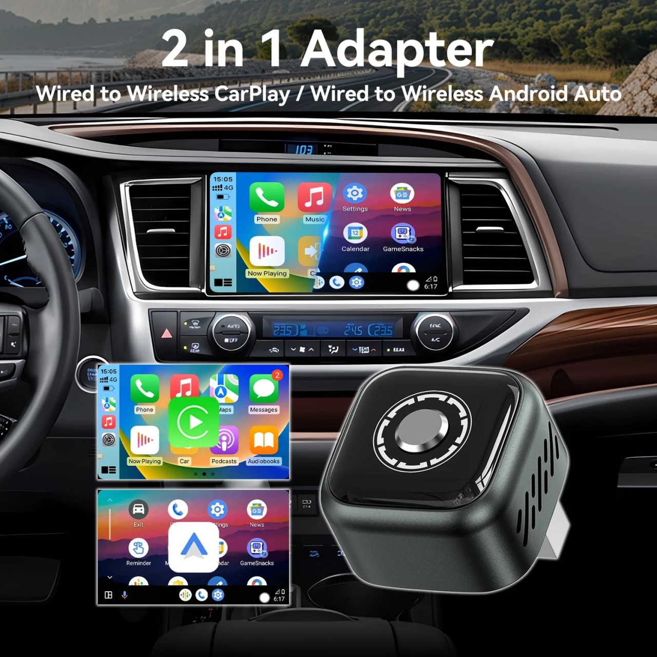 Adaptor Wireless CarPlay & Android Auto 2-in-1 Techstar® B12, USB Compact, Bluetooth 5.3 + Wi-Fi 5.8GHz (5G), Plug & Play, Buton Control/Reset + LED, Conectare Automata - imagine 2