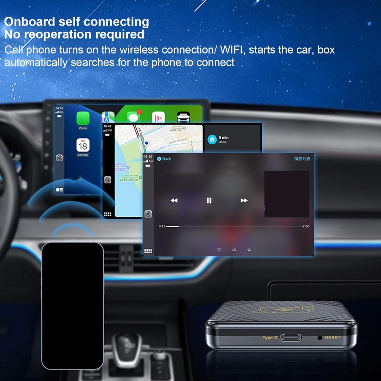 Adaptor Wireless Carplay si Android Auto Techstar V2, Plug and Play, Bluetooth 5.0, Conexiune Automata, Compatibil iOS si Android, USB Type-C - 3 | YEO