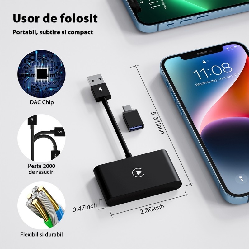 Poze Adaptor Wireless Techstar® CTHT-020-2 Pentru Apple CarPlay Si IPhone IOS 10+, Dongle USB-Type C , WiFi 5G, Bluetooth, Conectare Automata, Alb