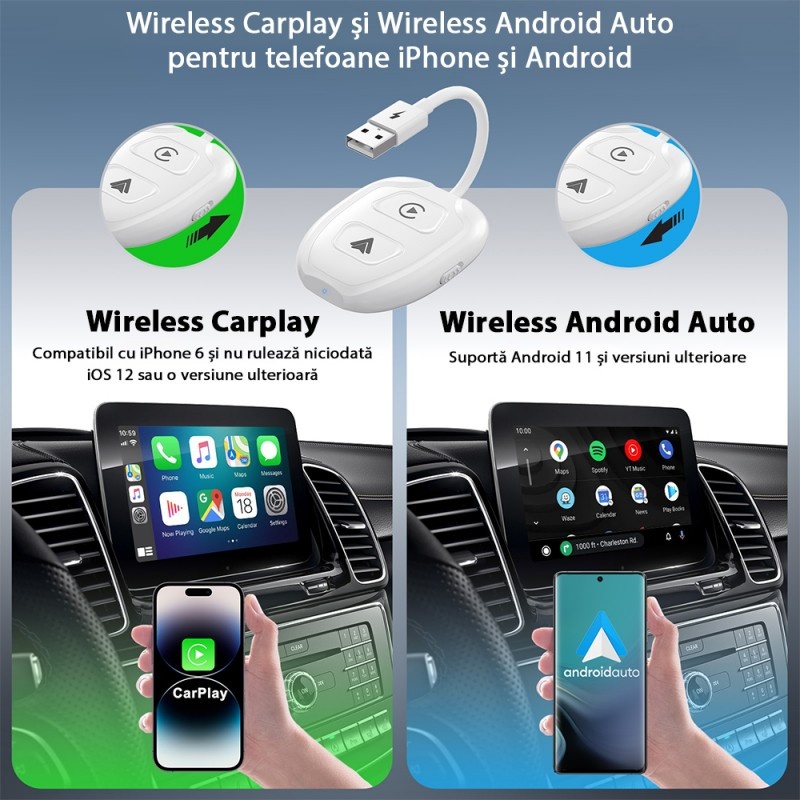 Adaptor Wireless Techstar® THT-020-9-1 Pentru Apple CarPlay Si Android Auto, Dongle USB-Type-C , WiFi 5G, Bluetooth, Conectare Automata, Alb - 1 | YEO