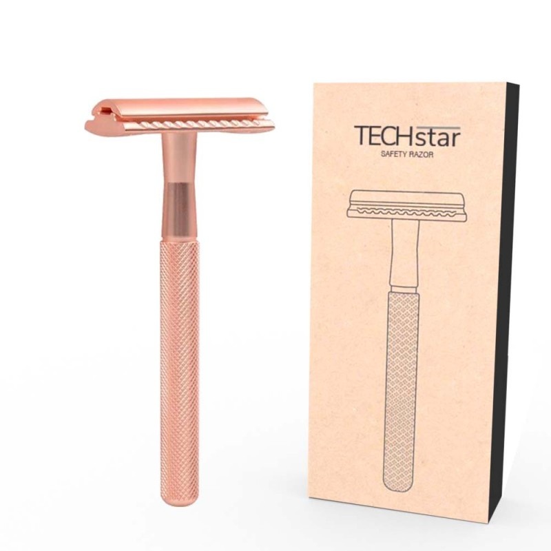 Aparat de ras Classic Safety Razor Techstar® SR1, Aliaj de Zinc, Cu Lame De Rezerva, Reutilizabil, Ecologic, Rose Gold - 2 | YEO