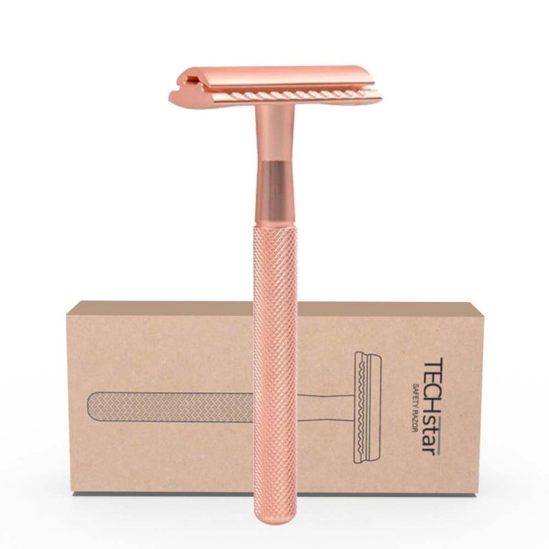 Aparat de ras Classic Safety Razor Techstar® SR3, Aliaj de Zinc, Cu Lame De Rezerva, Reutilizabil, Ecologic, Rose Gold - 1 | YEO