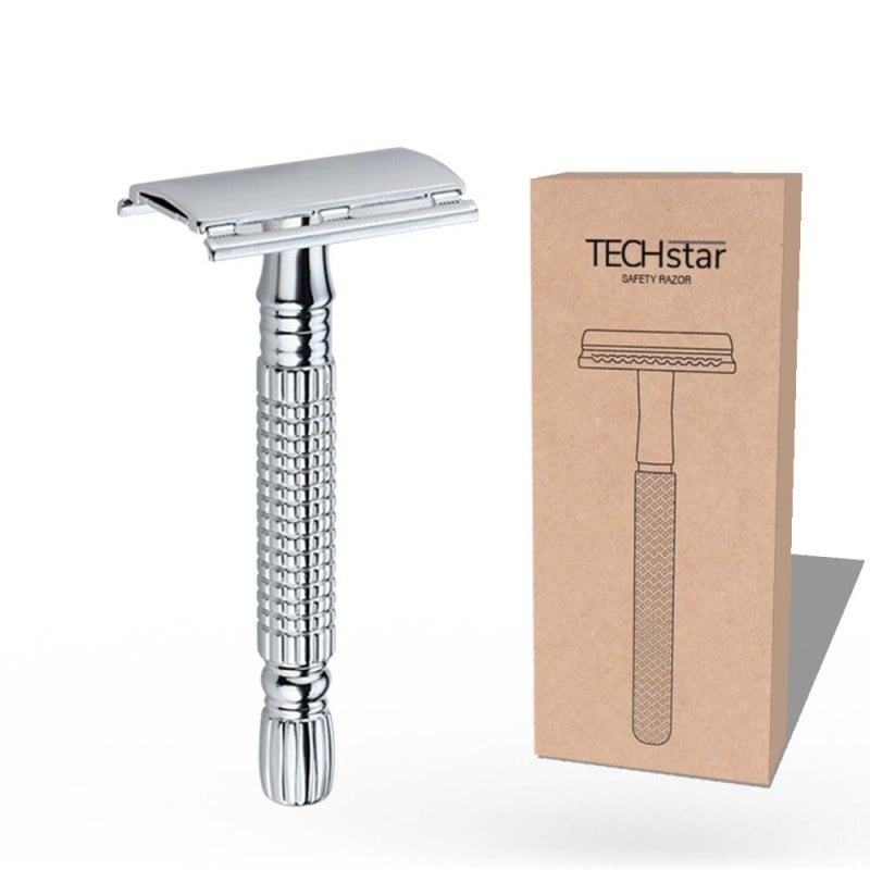 Aparat de ras Classic Safety Razor Techstar® SR4, Aliaj de Zinc, Cu Lame De Rezerva, Reutilizabil, Ecologic, Argintiu - 2 | YEO