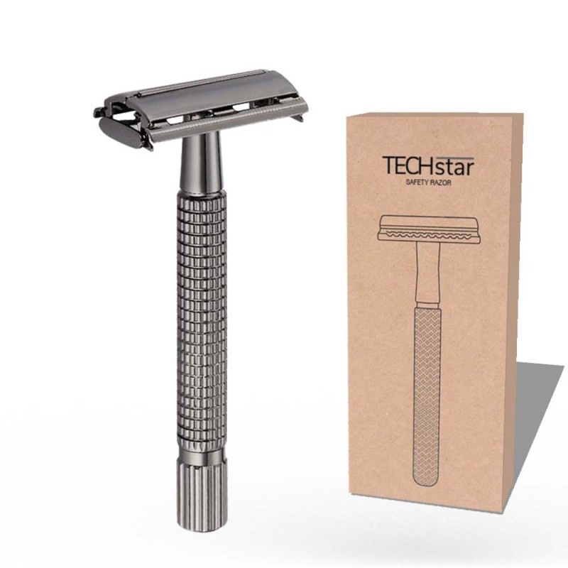 Aparat de ras Classic Safety Razor Techstar® SR7, Aliaj de Zinc, Cu Lame De Rezerva, Reutilizabil, Ecologic, Negru - 2 | YEO