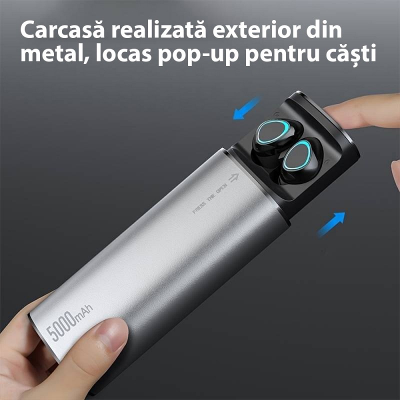 Casti Bluetooth cu Power Bank 2 in 1 Techstar® K100, Baterie 5000 mAh, Microfon, Bluetooth 5.0, Control prin atingere, Afisaj putere, Rezistente la apa, Negru - 3 | YEO