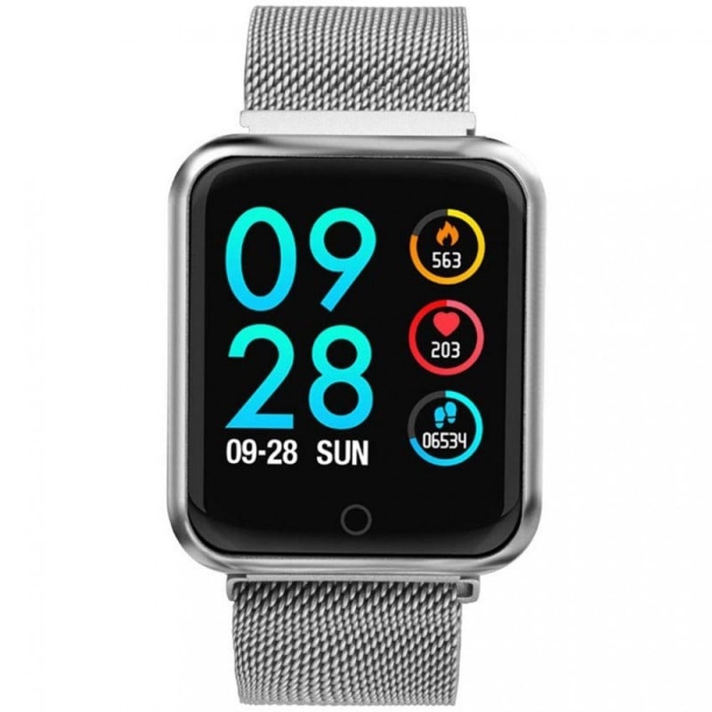 Ceas Smartwatch Techstar® P68, 1.3 inch IPS, Monitorizare Puls, Tensiune, Sedentarism, Bluetooth 4.0, IP65, Curea Otel Inoxidabil, Argintiu