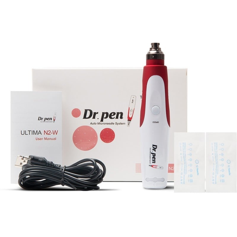 DermaPen Techstar® Dr Pen N2W, 2 Capete de Rezerva, Ace Otel Inoxidabil, Corp Plastic, Ergonomic, Regenerare Piele, Lifting, Viteza Reglabila, 5 Viteze, Alb-Rosu