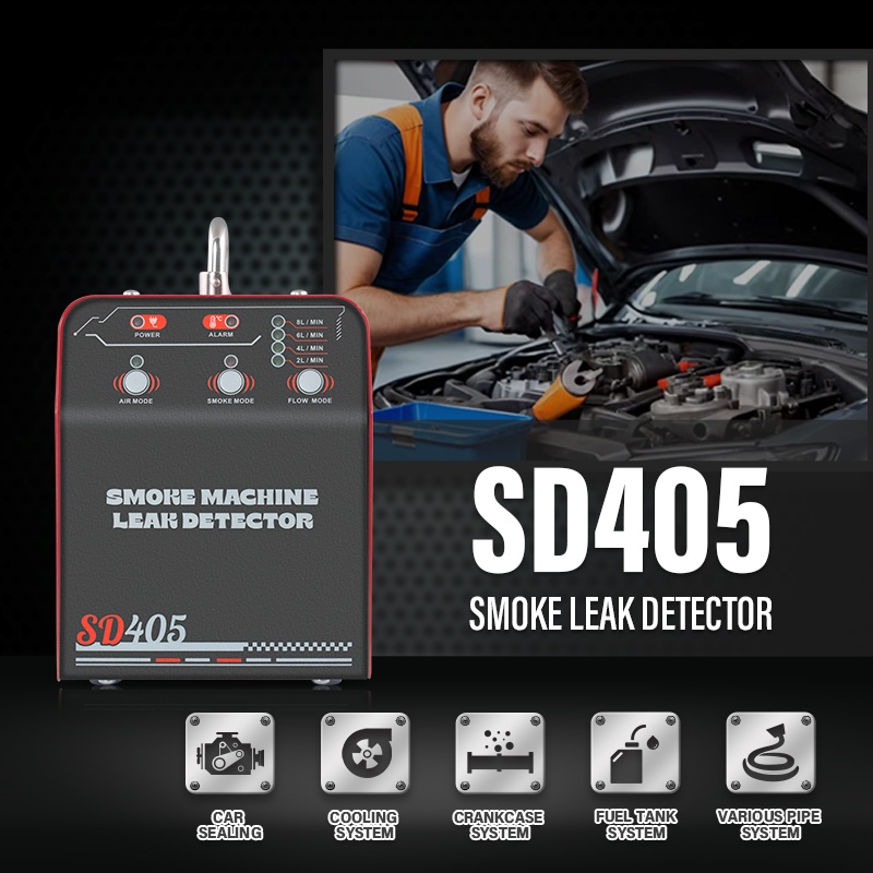 Detector scurgeri cu fum Solary SD405 – aparat de depistare a pierderilor in EVAP/admisie/evacuare, 12V DC, debit 8 L/min, presiune 18–23 psi, protectie supraincalzire, set complet de adaptoare