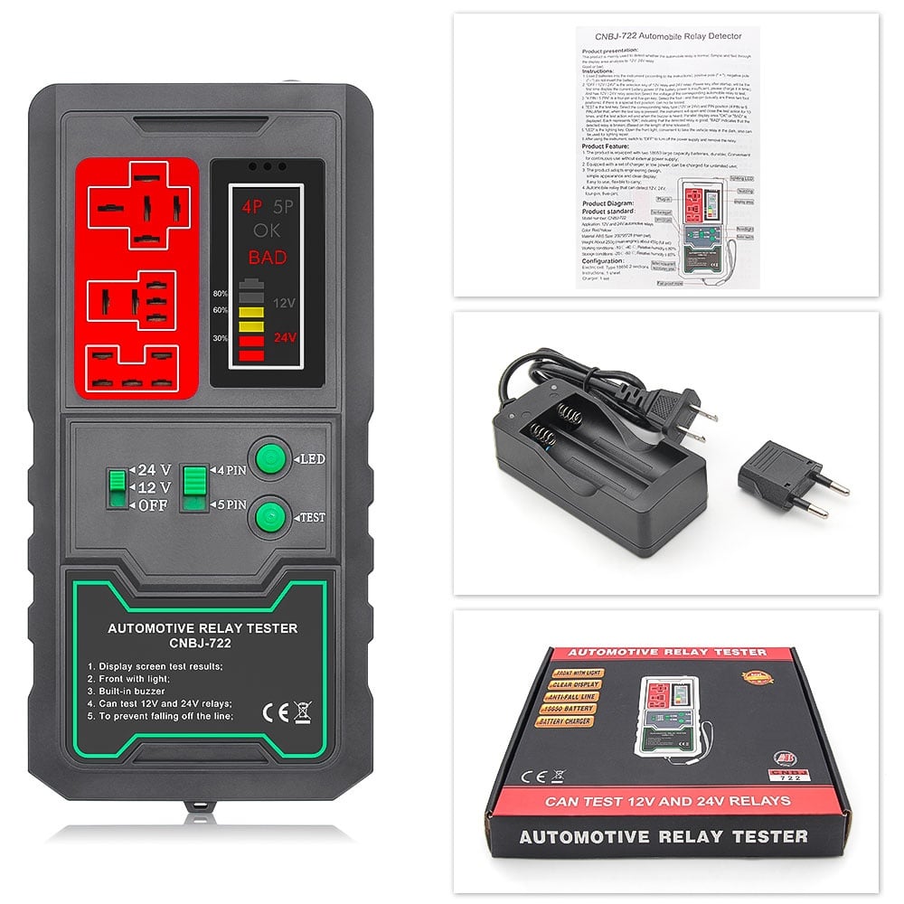 Detector Tester de Relee Auto Wireless Techstar® CNBJ-722, pentru 12V/24V , Compatibil cu Relee 4 si 5 Pini, Afisaj Digital, LED Integrat