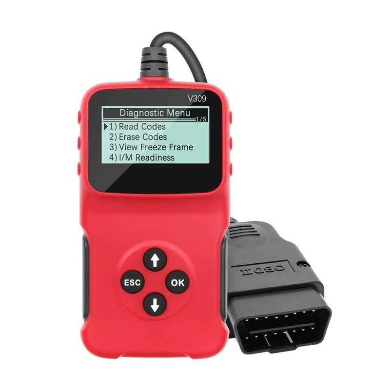 Dispozitiv de diagnosticare si scanare auto Techstar® V309, OBD2, Citire/ Stergere coduri de eroare, Ecran LCD, Cautare DTC, Portabil, Universal, Rosu /Negru