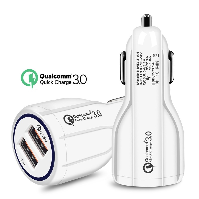Incarcator Auto Dual 2 USB Techstar® Qualcomm Quick Charge 3.0 Adaptor 9V 2A Bricheta Alb
