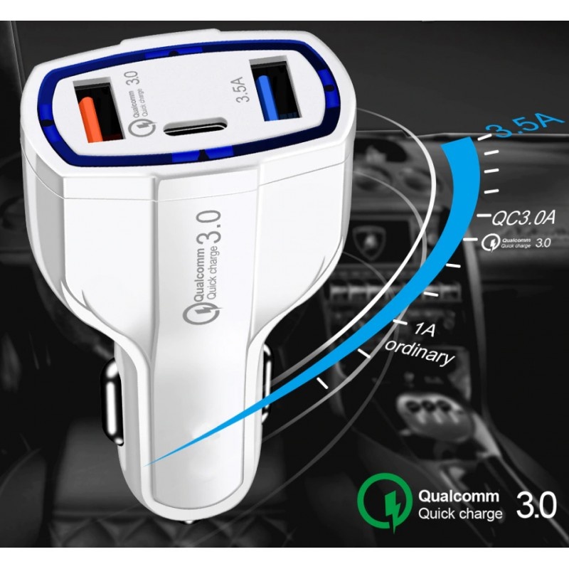 Poze Incarcator Auto Techstar® Turbo Fast, 5V, 3.5A ,QC3.0, DUAL USB, Universal, Alb